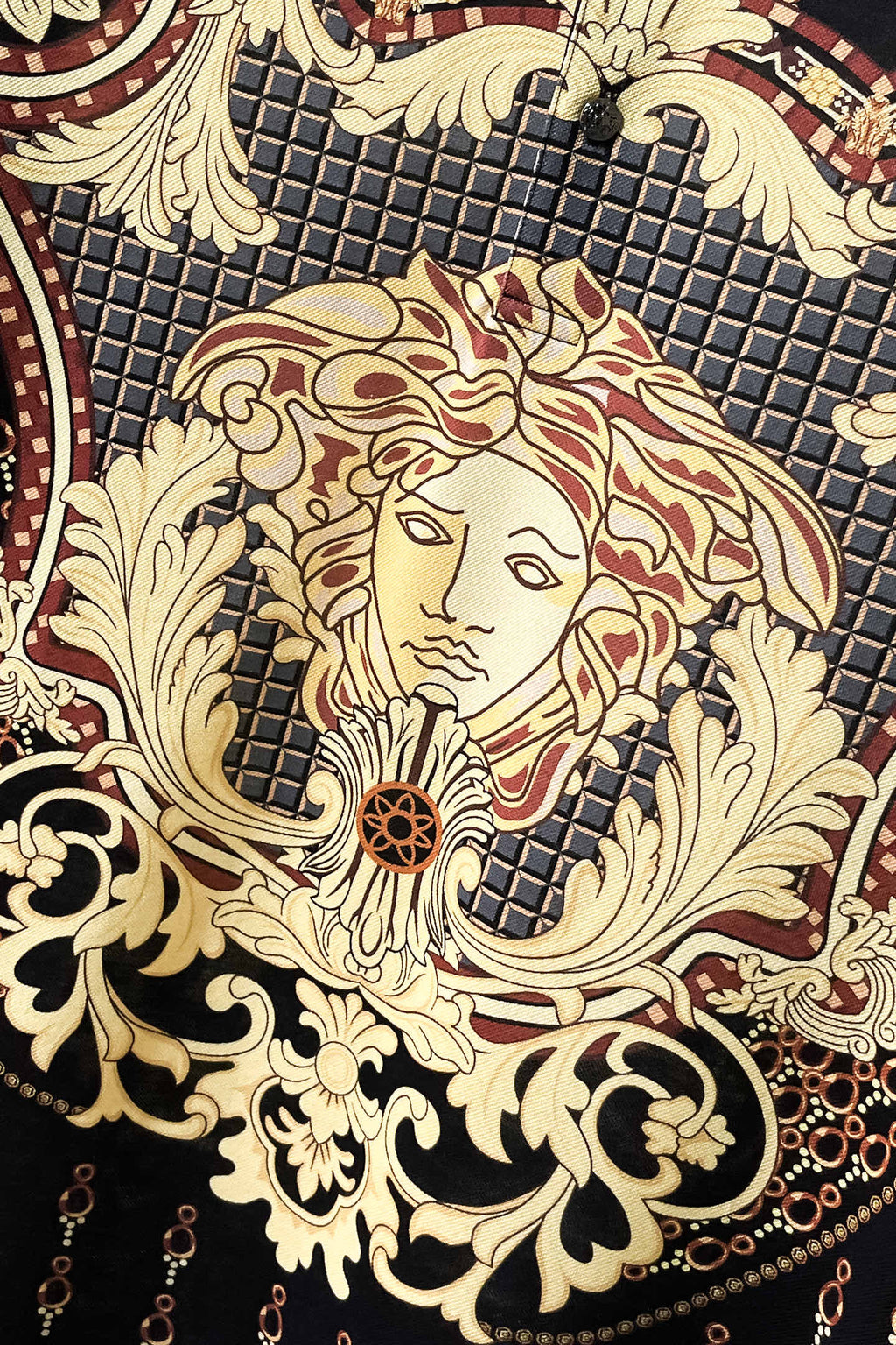 Versace polo shirt fabric close-up of lion portrait graphic
