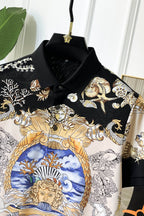 Versace short-sleeve polo shirt close view of black collar and blue, gold portrait print