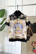 Versace short-sleeve polo shirt with black collar and ornate gold, blue, white print