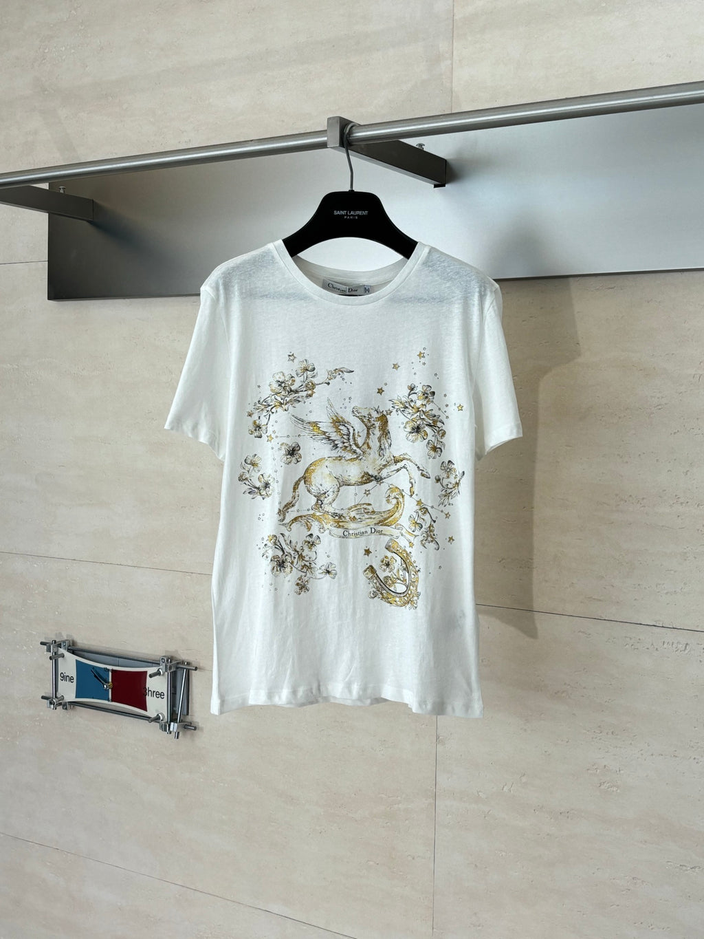 Dior short-sleeve T-shirt, white with gold-and-brown horse and floral graphic