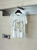 Dior short-sleeve T-shirt, white with gold-and-brown horse and floral graphic