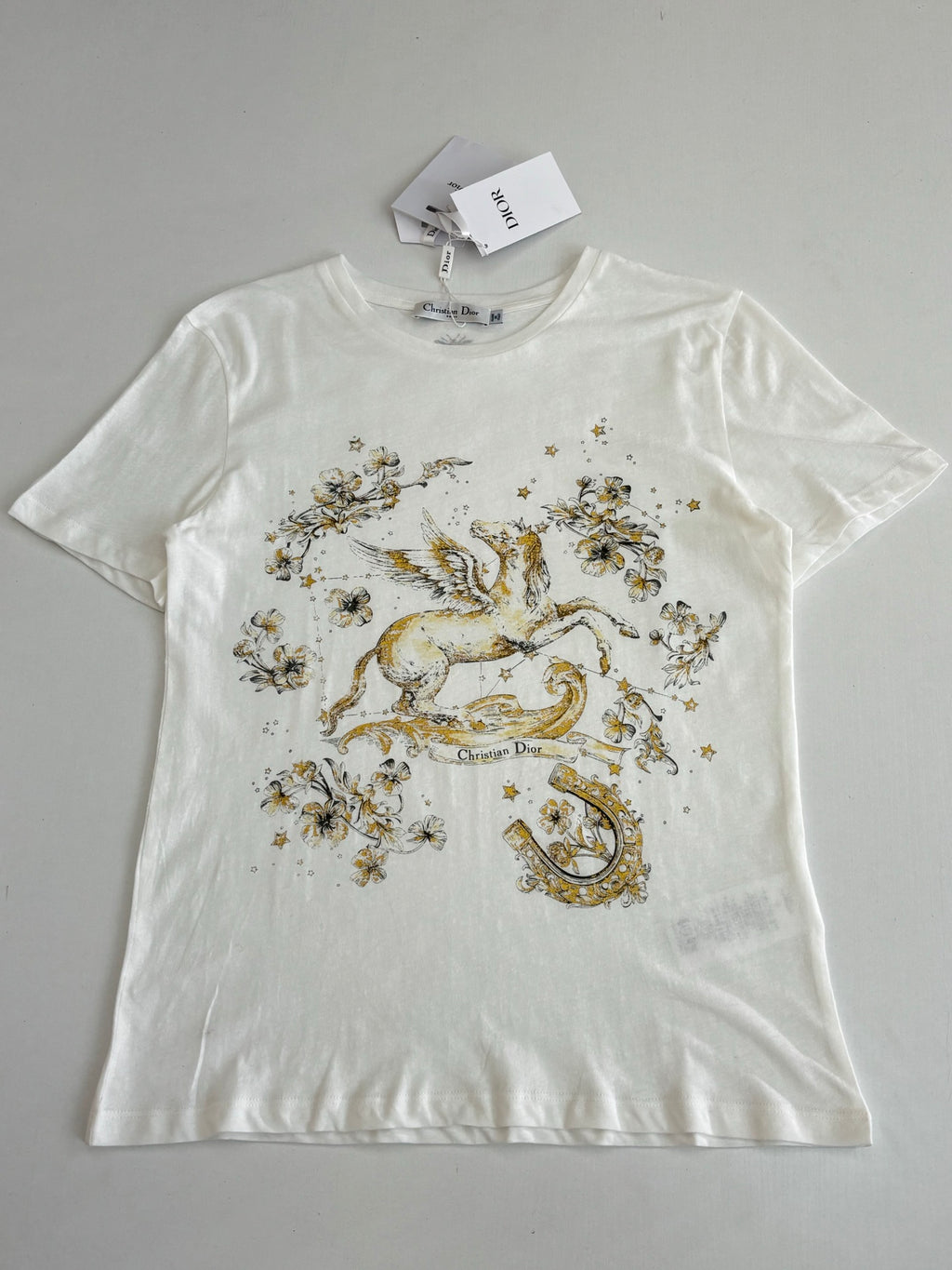 Dior short-sleeve T-shirt, white with large gold horse-and-flower print across chest