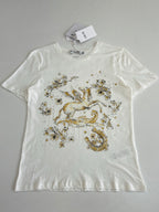 Dior short-sleeve T-shirt, white with large gold horse-and-flower print across chest