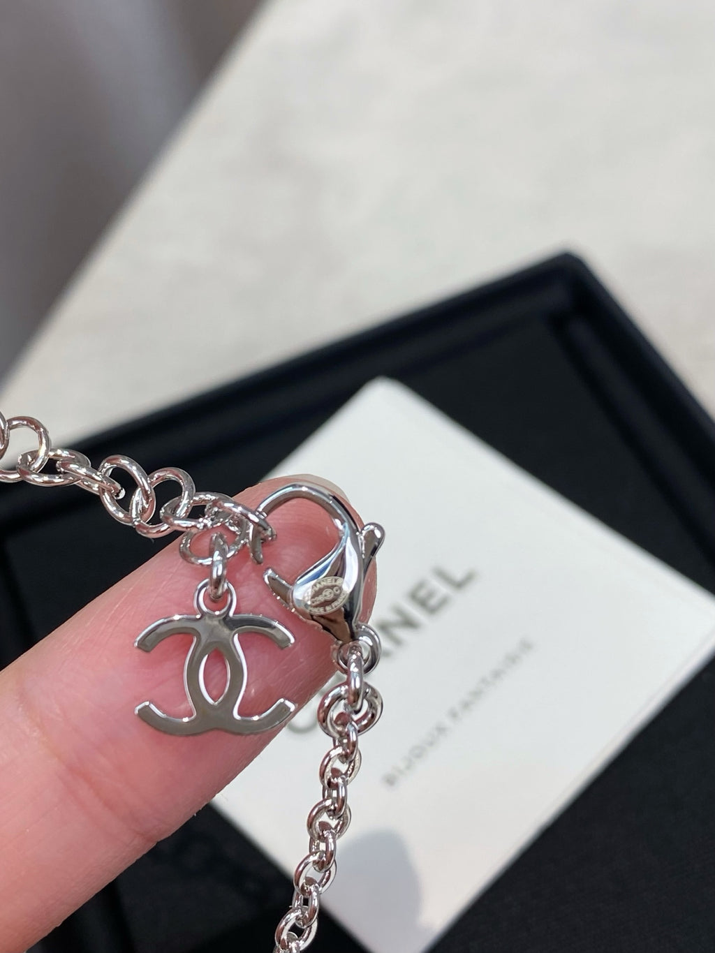 Close-up of silver charm bracelet with crown and heart-like charms
