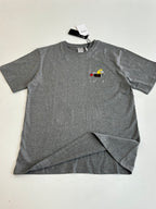 Gray short-sleeve T-shirt with cartoon patch logo on chest, folded lay