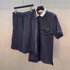 Gucci shorts and matching navy polo shirt set, GG logo pattern and pocket on shirt
