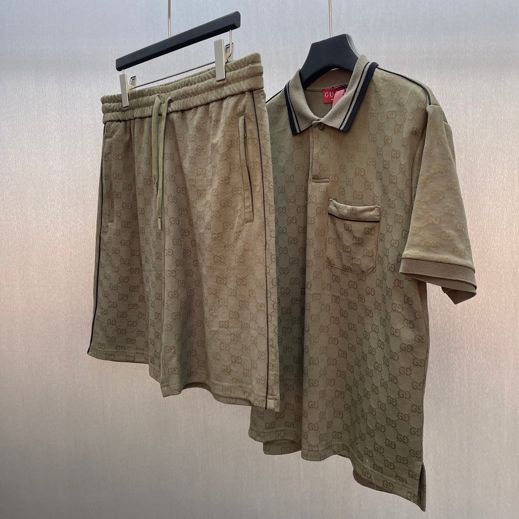 GG monogram shorts with elastic waistband, shown with a matching polo.
