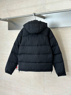 Ralph Lauren black puffer jacket, rear view with attached hood and zipper