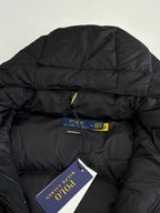 Ralph Lauren black puffer jacket collar with brand tag and Polo label