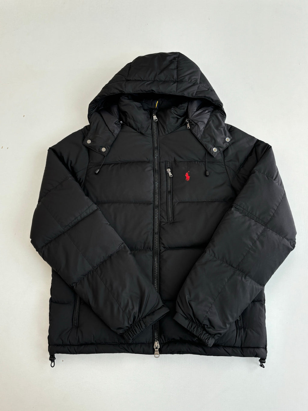 Ralph Lauren black hooded puffer jacket with zip front and red polo logo
