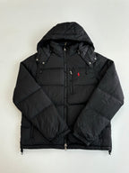 Ralph Lauren black hooded puffer jacket with zip front and red polo logo