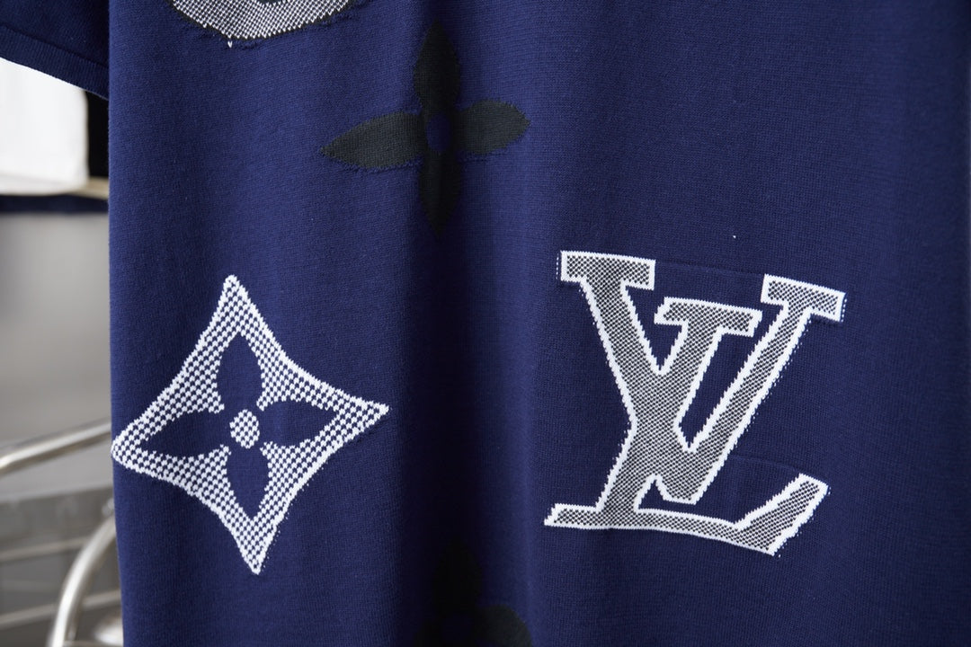 Navy T-shirt with LV monogram and flower logos on front