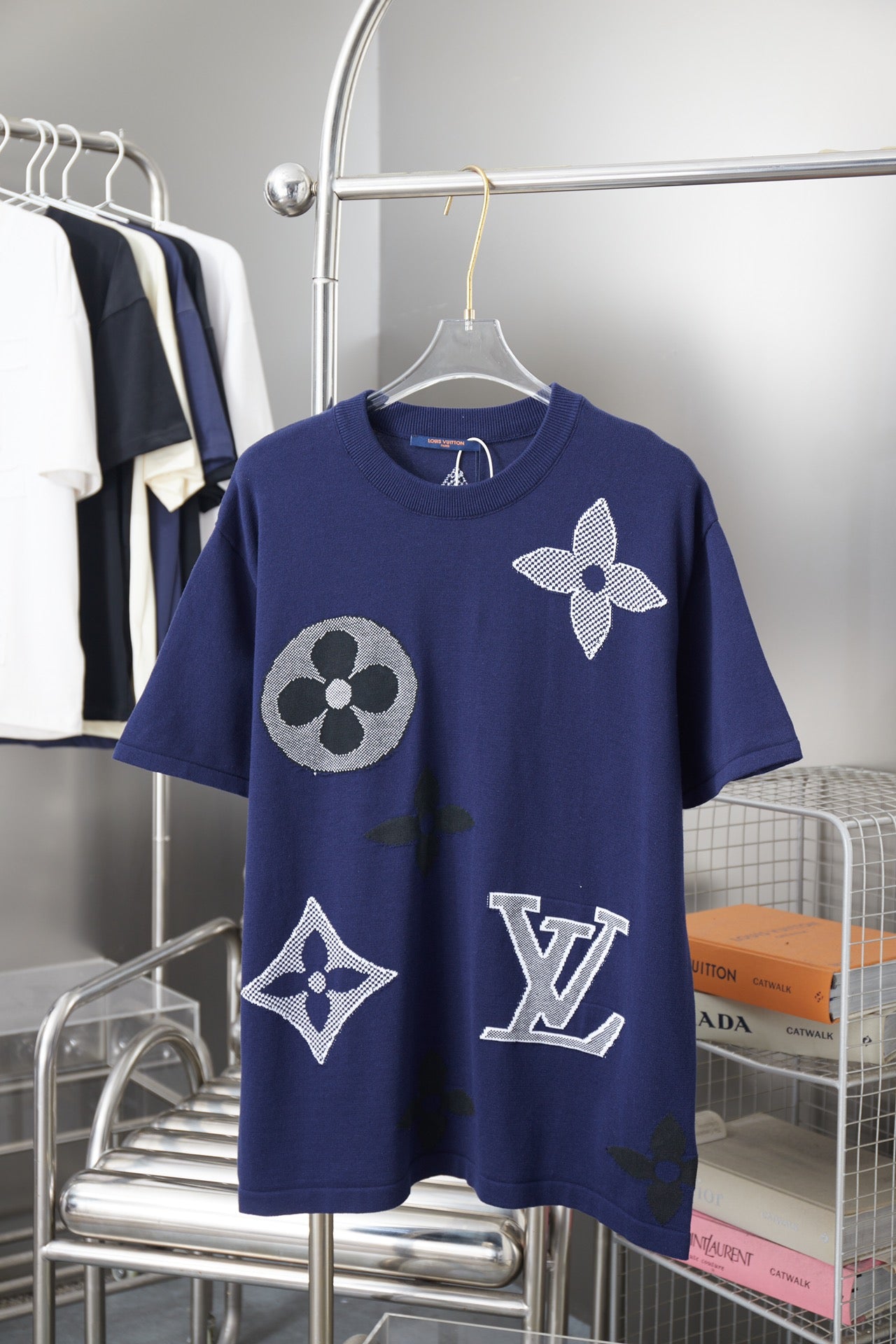 Navy T-shirt with oversized LV flower and monogram graphics on front