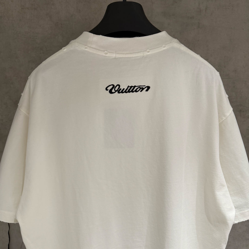 White short-sleeve T-shirt with Louis Vuitton script logo on the back