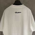 White short-sleeve T-shirt with Louis Vuitton script logo on the back