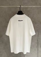 White short-sleeve T-shirt with Louis Vuitton script logo on the back