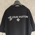 Black T-shirt with rhinestone Louis Vuitton logo and clover emblem on back