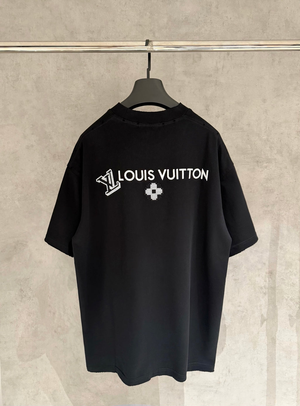Louis Vuitton black T-shirt with rhinestone “LOUIS VUITTON” logo and clover on back