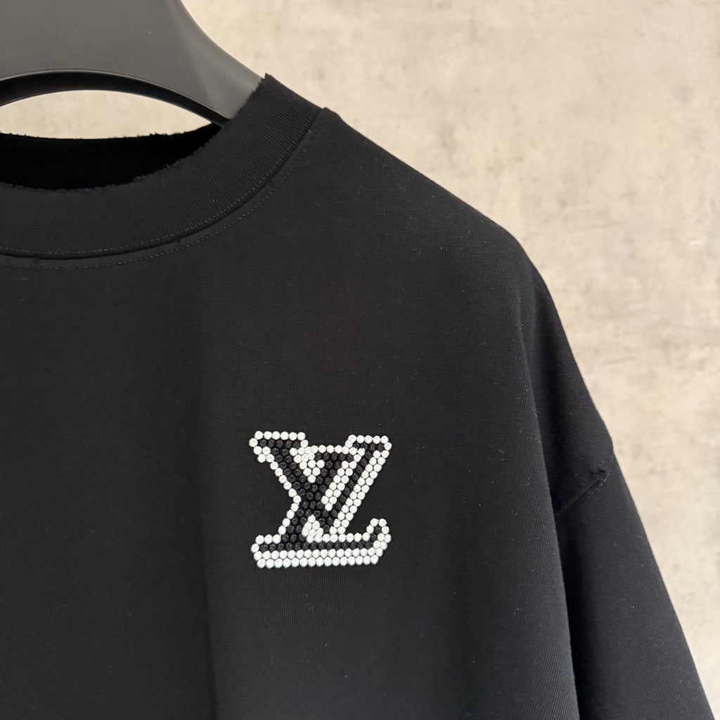Louis Vuitton black T-shirt back close-up with rhinestone LV logo