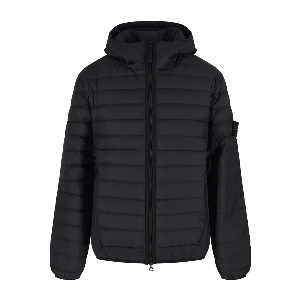 Stone Island hooded puffer jacket with full-zip front, black quilted design