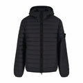Stone Island hooded puffer jacket with full-zip front, black quilted design
