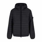Stone Island hooded puffer jacket with full-zip front, black quilted design