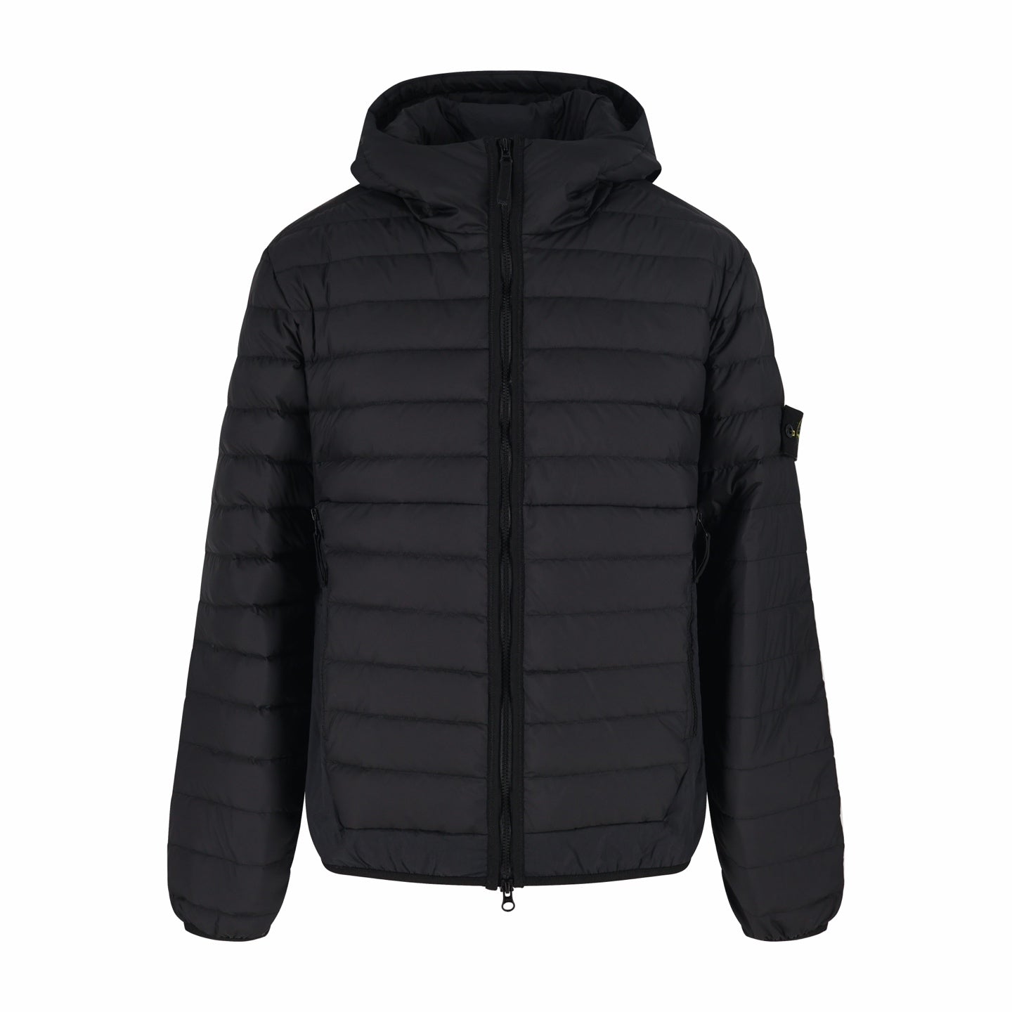 Stone Island hooded puffer jacket with full-zip front, black quilted design