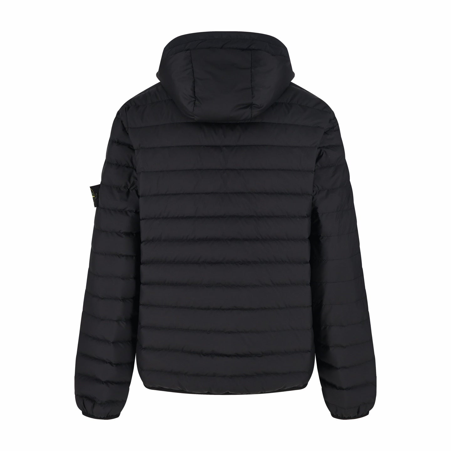 Stone Island hooded puffer jacket, back view, black quilted padding