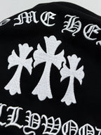 Black hoodie back graphic with large white maple leaf motifs