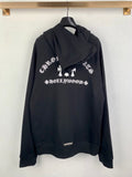 Black zip-up hoodie with hood, white graphic text, and full-length zipper