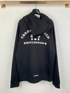 Black zip-up hoodie with hood, white graphic text, and full-length zipper