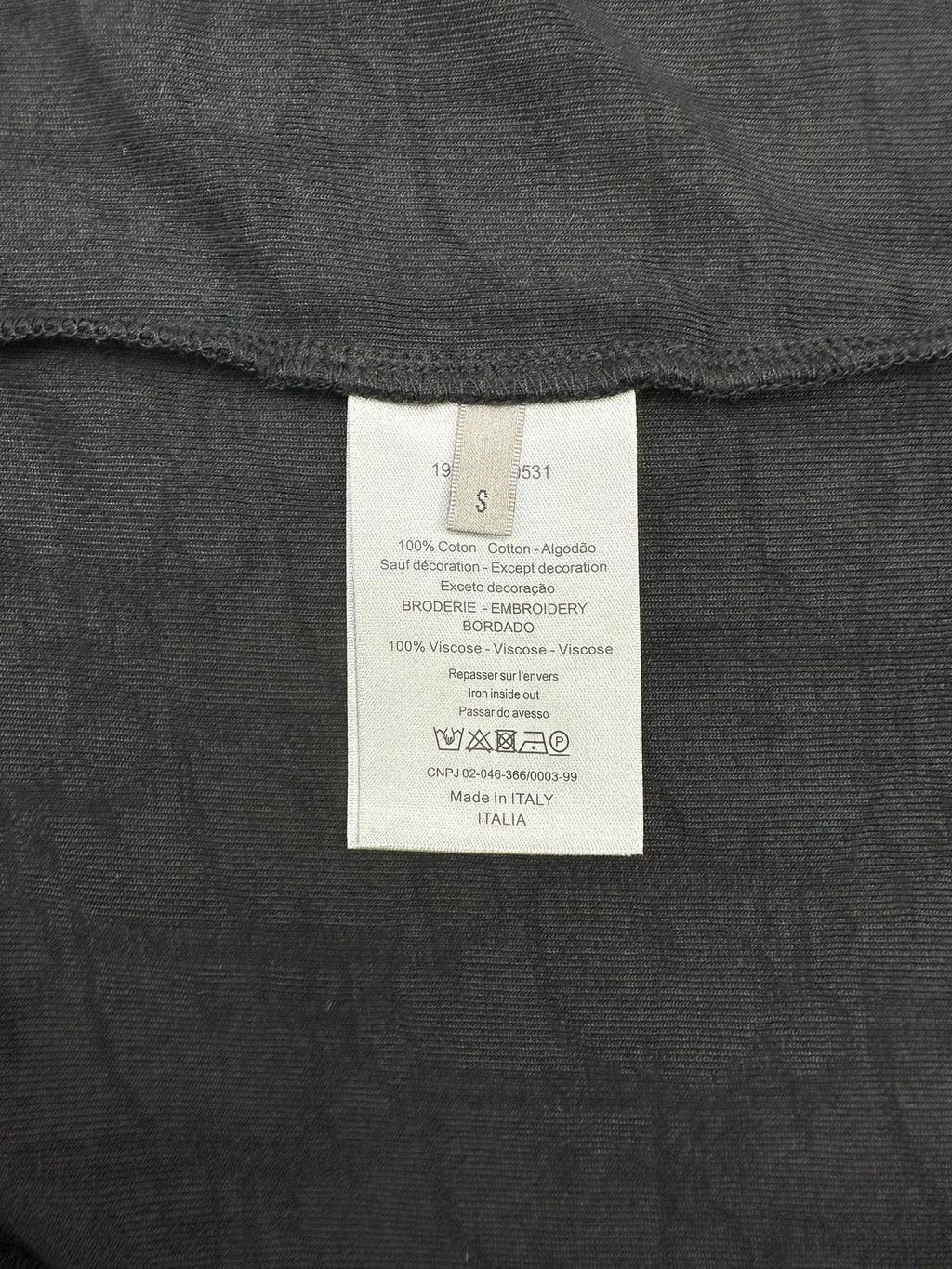 Black Dior T-shirt care and size label at inside neck