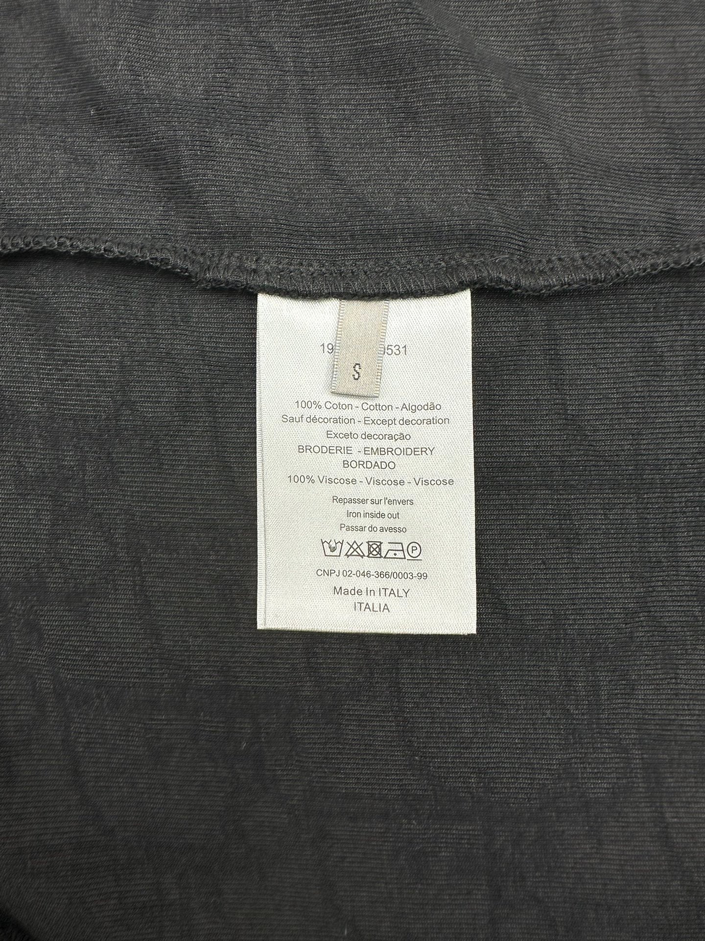 Black Dior T-shirt care and size label at inside neck