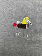 Embroidered front graphic on grey T-shirt with multicolor details and lettering
