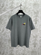 Grey short-sleeve T-shirt with crew neck and small embroidered front graphic