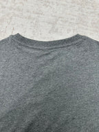 Grey crew-neck T-shirt collar and upper chest area, no visible graphic