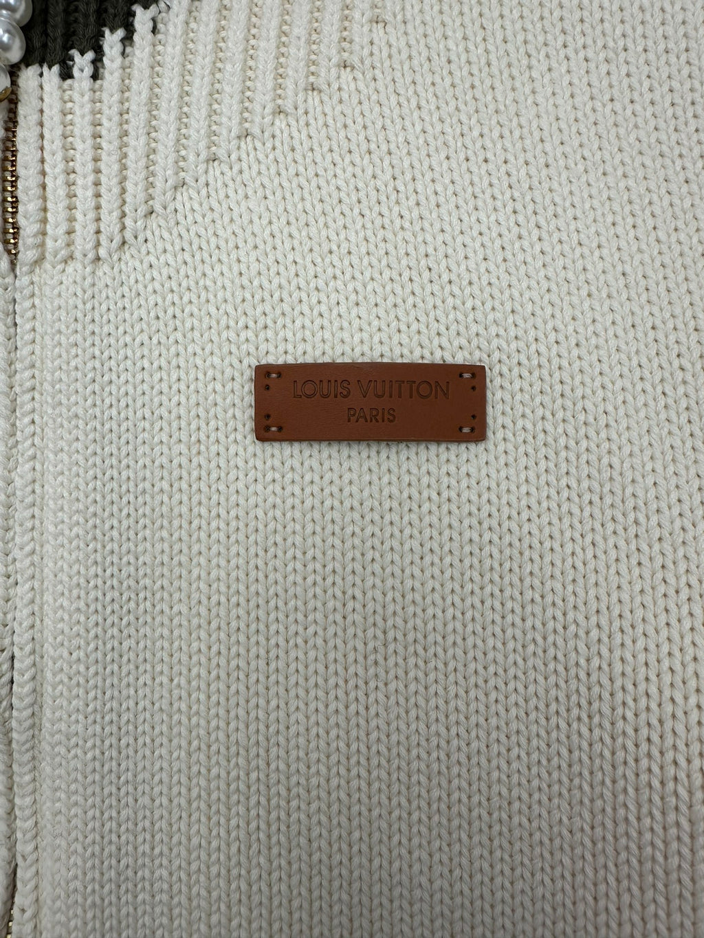 Cream knit cardigan with brown Louis Vuitton Paris leather logo patch