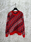 Dior knit sweater in red and dark blue with repeating logo pattern, ribbed crewneck