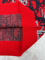 Dior knit sweater sleeve with red ribbed cuff and dark blue patterned knit