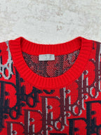 Dior knit sweater neckline with red ribbed trim and dark blue patterned yoke