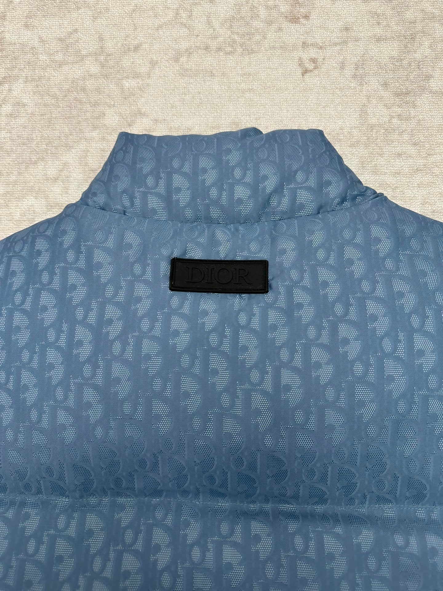 Blue Dior monogram puffer vest back view with Dior logo patch at the neck.