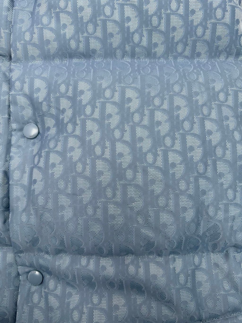 Blue Dior monogram puffer vest front placket detail with silver snap buttons.