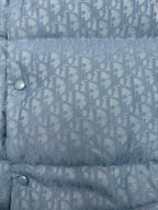 Blue Dior monogram puffer vest front placket detail with silver snap buttons.