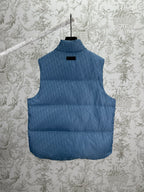 Blue Dior monogram puffer vest with high neck and relaxed fit, front view on hanger.