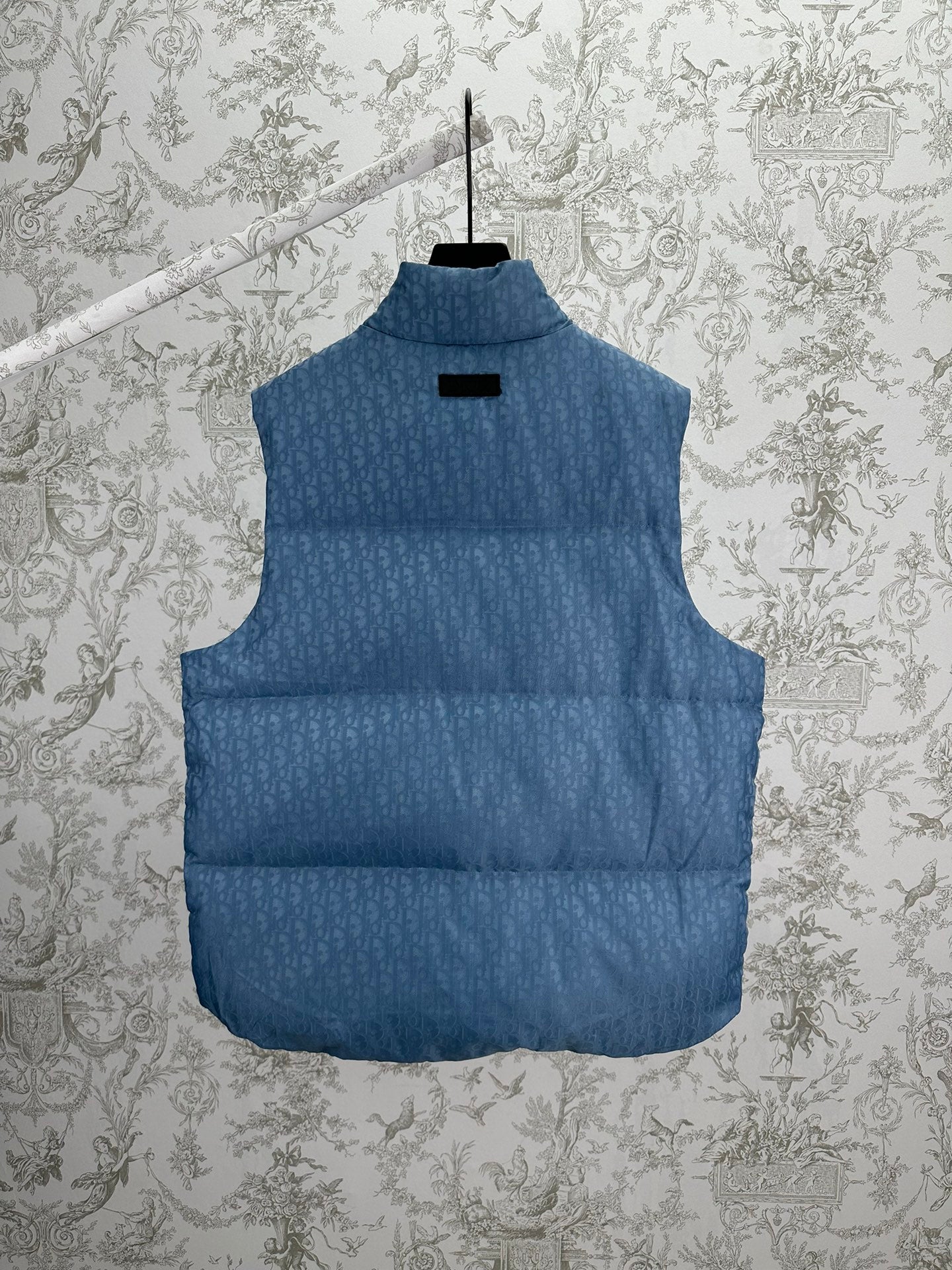 Blue Dior monogram puffer vest with high neck and relaxed fit, front view on hanger.
