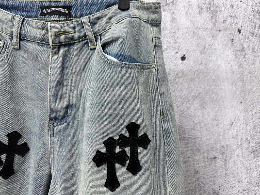 Light blue denim pants waist with pocket and black cross patch