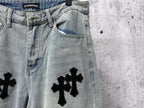 Light blue denim pants waist with pocket and black cross patch