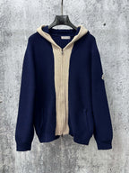 Moncler long navy knit hoodie with cream ribbed hood and front zipper