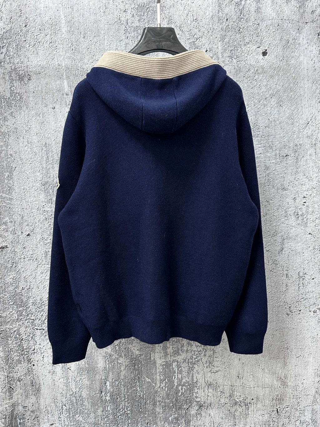 Moncler long navy knit hoodie, back view, cream ribbed hood trim