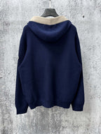 Moncler long navy knit hoodie, back view, cream ribbed hood trim